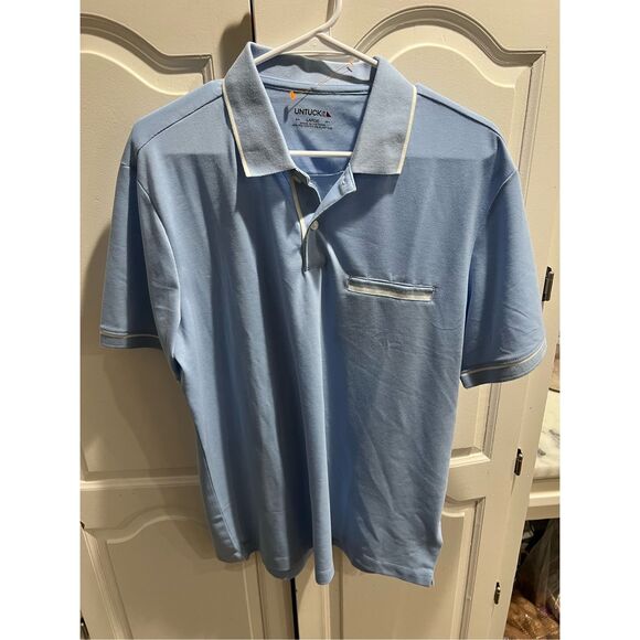 UNTUCKit Men’s Polo Shirt Large Blue White Trim Performance Stretch Golf Casual - Picture 1 of 8